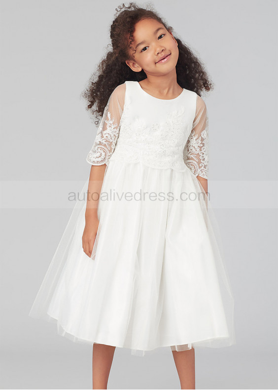 Elbow Sleeves Ivory Lace Tulle Tea Length Flower Girl Dress